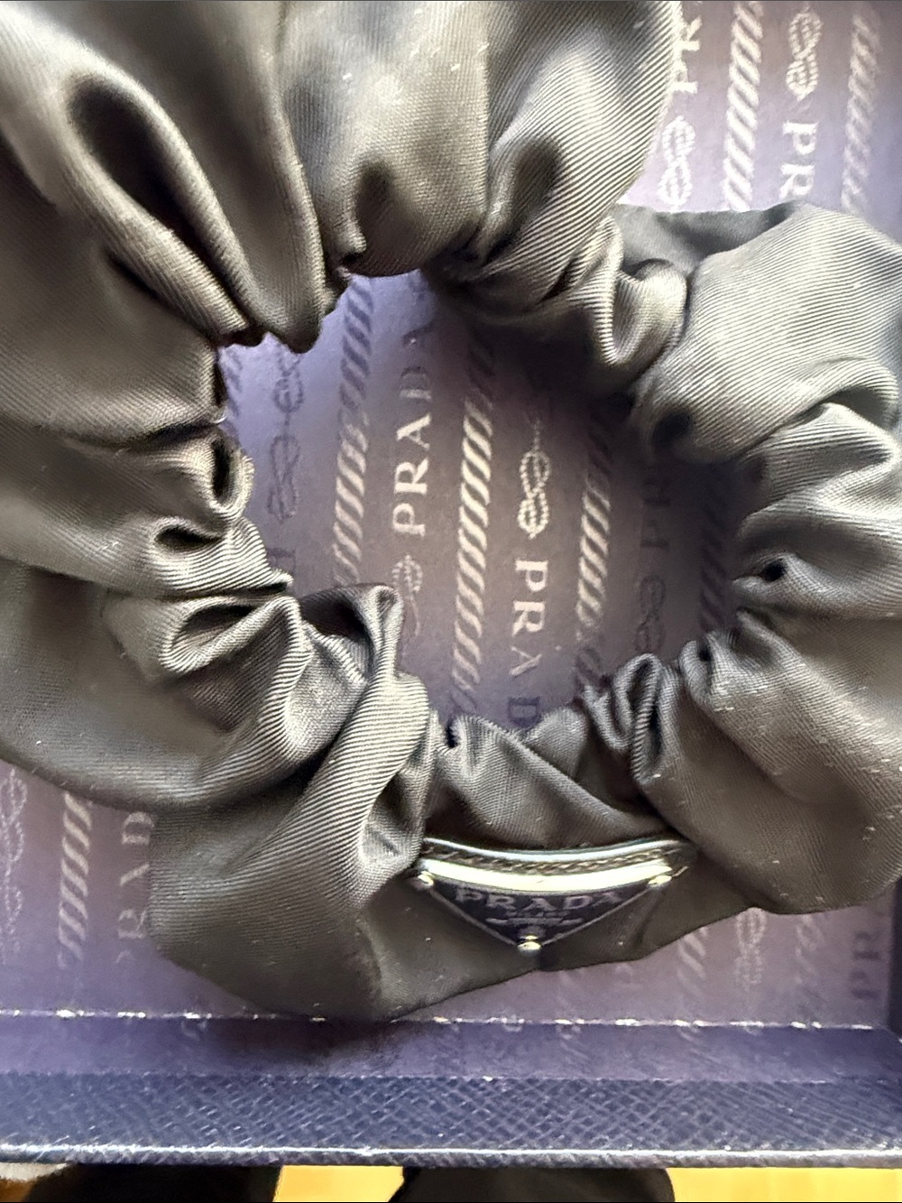 Prada Black Satin Logo Scrunchie